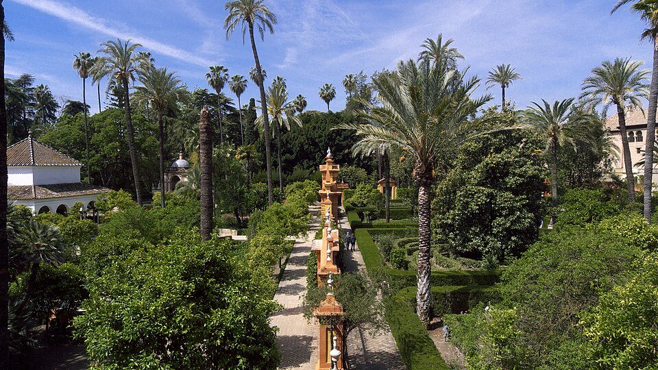 A long garden walk lined with hedges and palm trees in the Alcázar gardens.