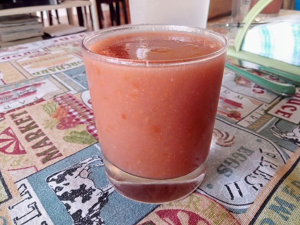 Gazpacho, served cold in a glass rather than a bowl — the everyday form.